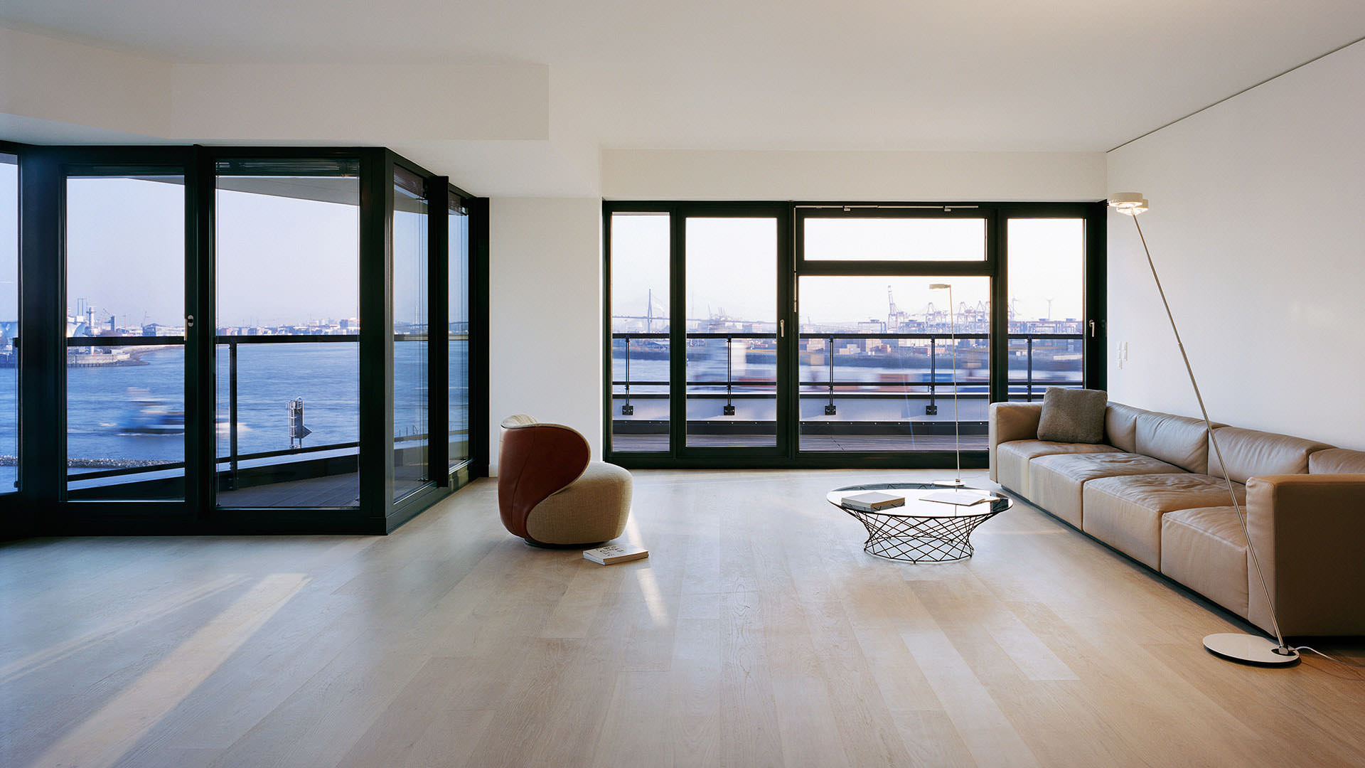 View out over the water, parquet underfoot